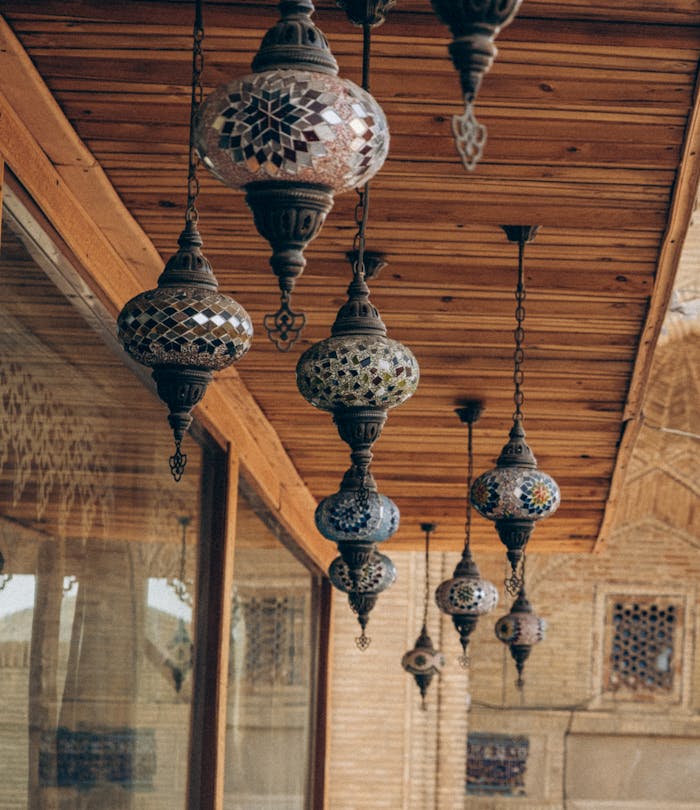 a-decoration-of-pendant-lamps-hanging-from-ceiling-10386595 Traditional mosaic pendant lamps hanging from wooden ceiling indoors, enhancing elegant interior decor.
